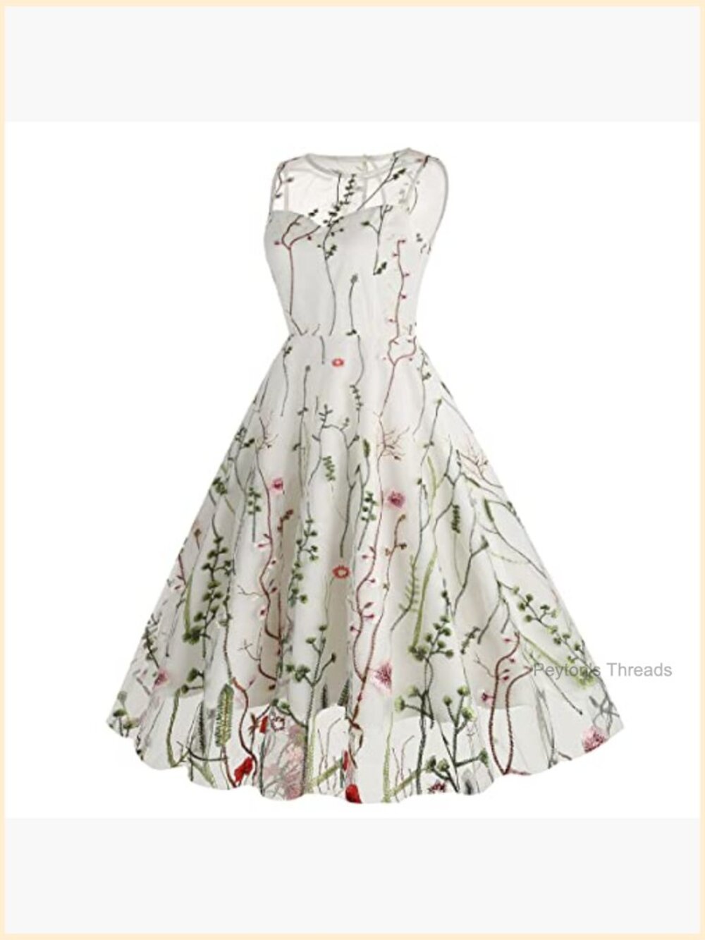 Keyhole Floral Embroidery Sheer Mesh Illusion Vintage Cocktail Swing Tulle Dress - Picture 3 of 7